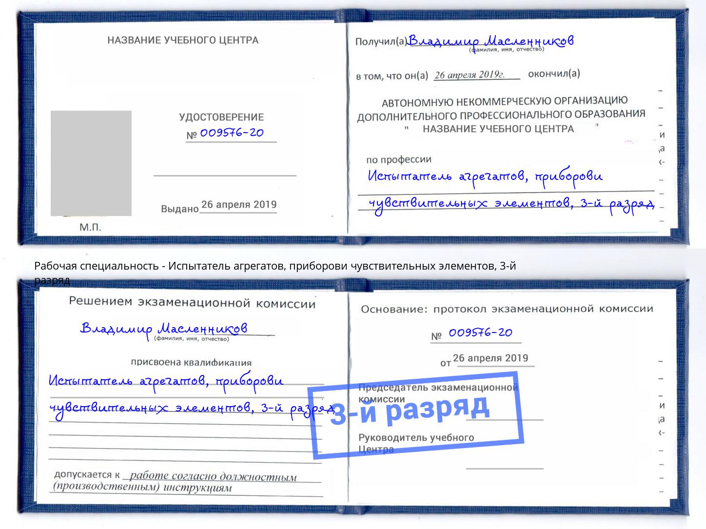 корочка 3-й разряд Испытатель агрегатов, приборови чувствительных элементов Губкин