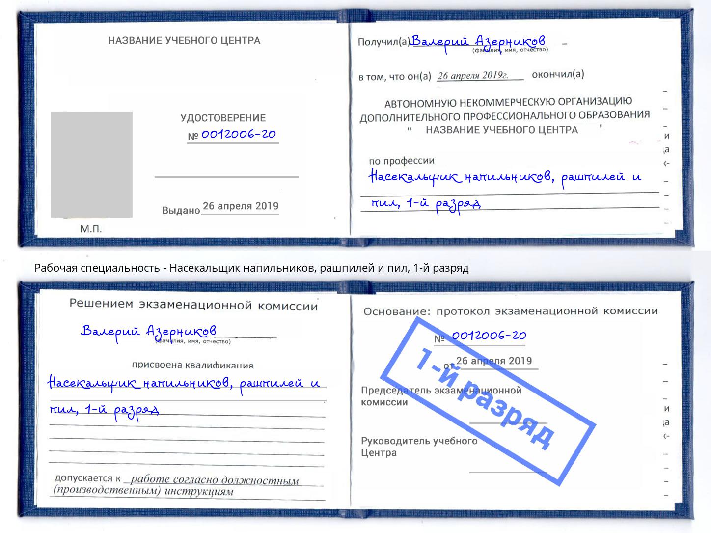 корочка 1-й разряд Насекальщик напильников, рашпилей и пил Губкин