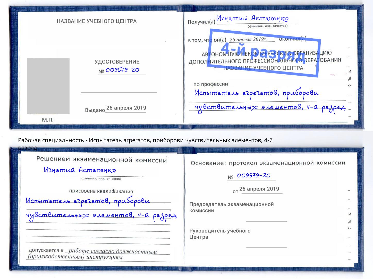 корочка 4-й разряд Испытатель агрегатов, приборови чувствительных элементов Губкин