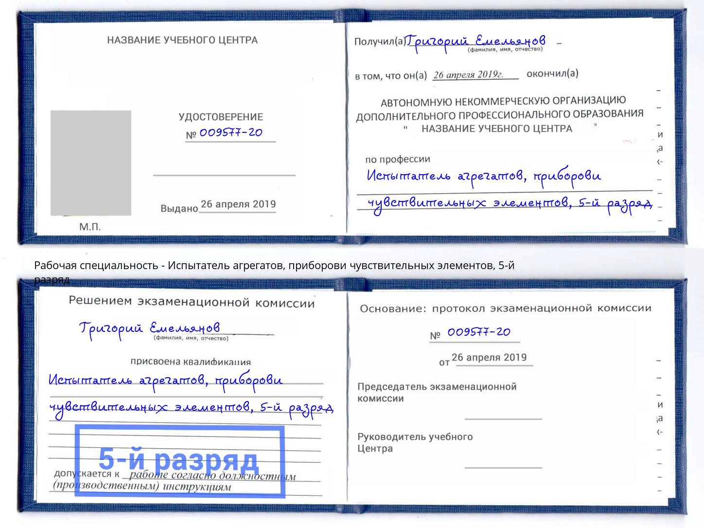 корочка 5-й разряд Испытатель агрегатов, приборови чувствительных элементов Губкин