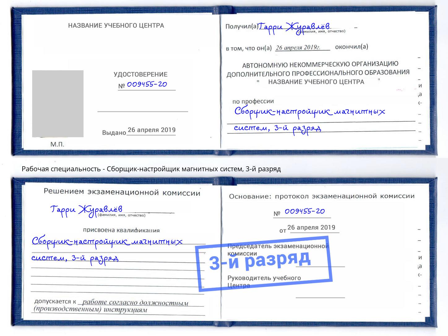 корочка 3-й разряд Сборщик-настройщик магнитных систем Губкин