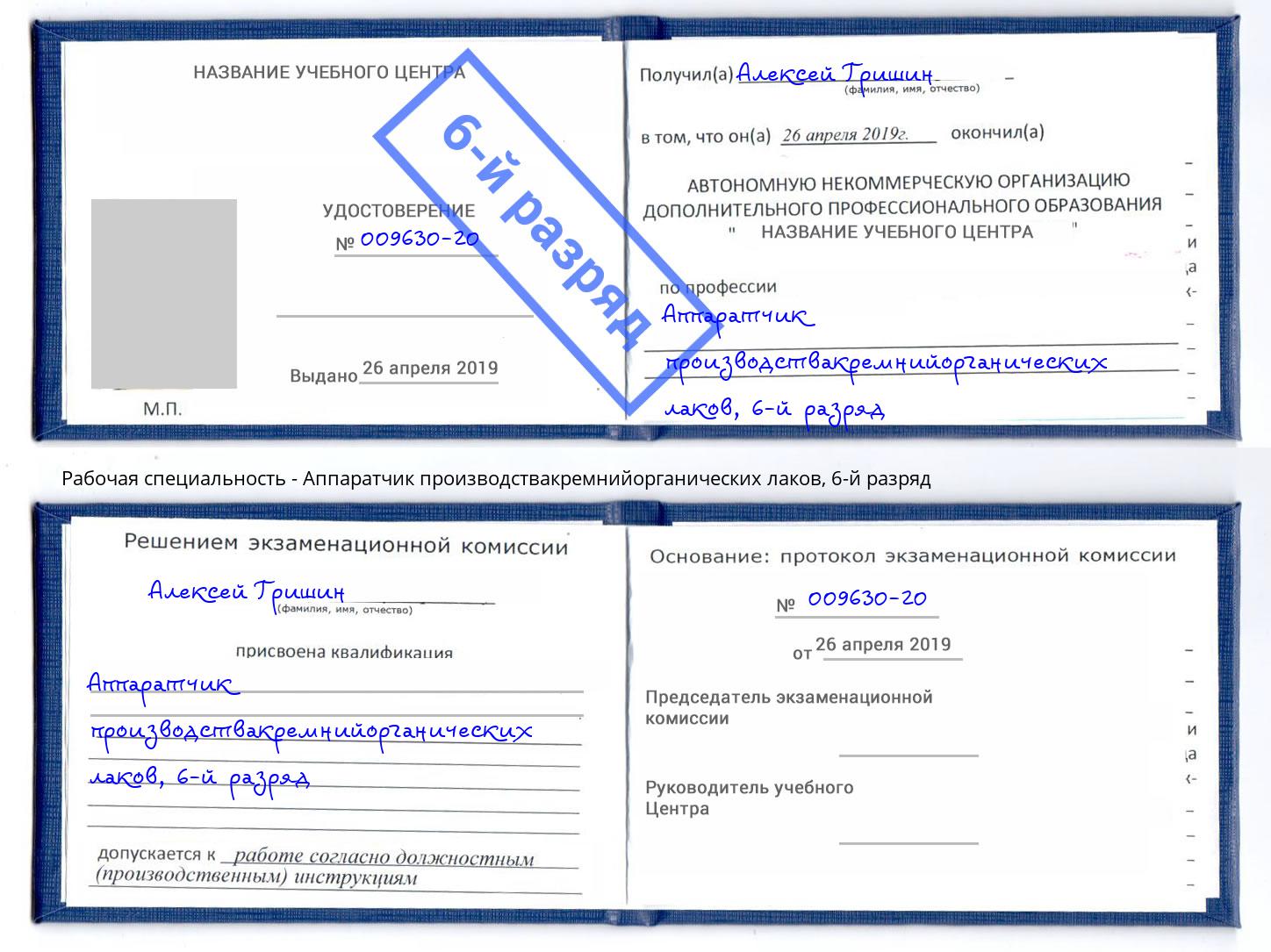 корочка 6-й разряд Аппаратчик производствакремнийорганических лаков Губкин