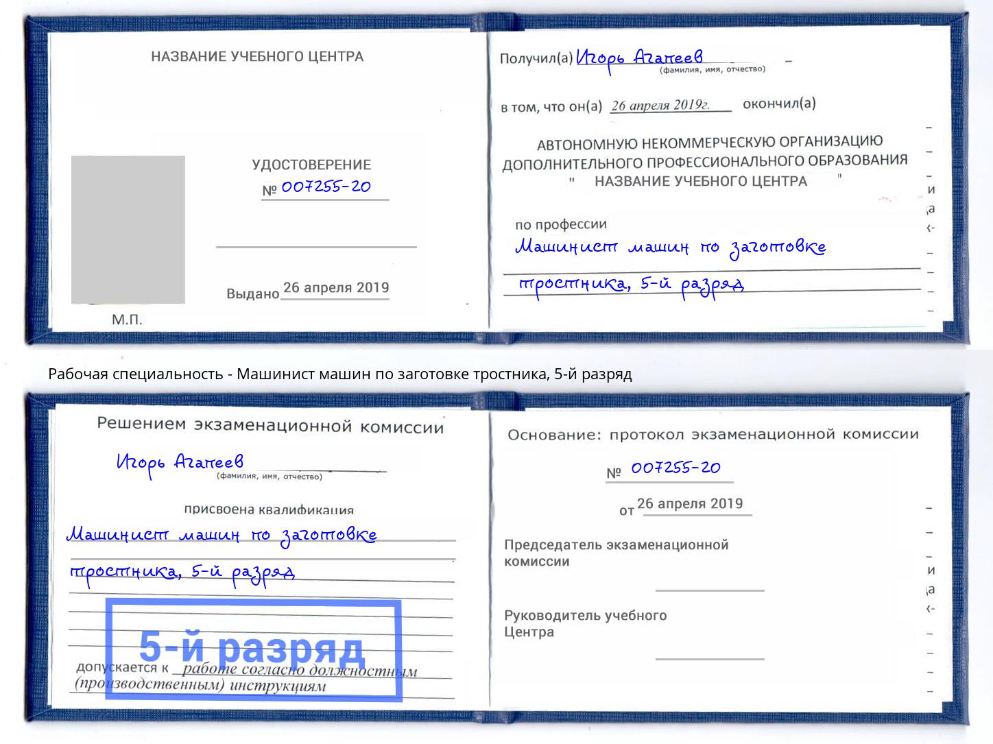 корочка 5-й разряд Машинист машин по заготовке тростника Губкин