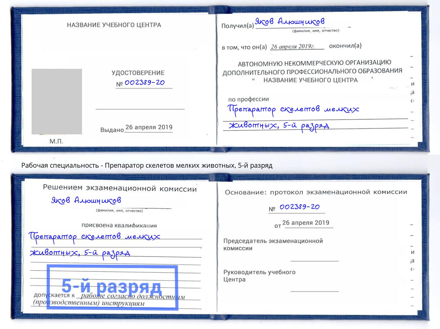 корочка 5-й разряд Препаратор скелетов мелких животных Губкин