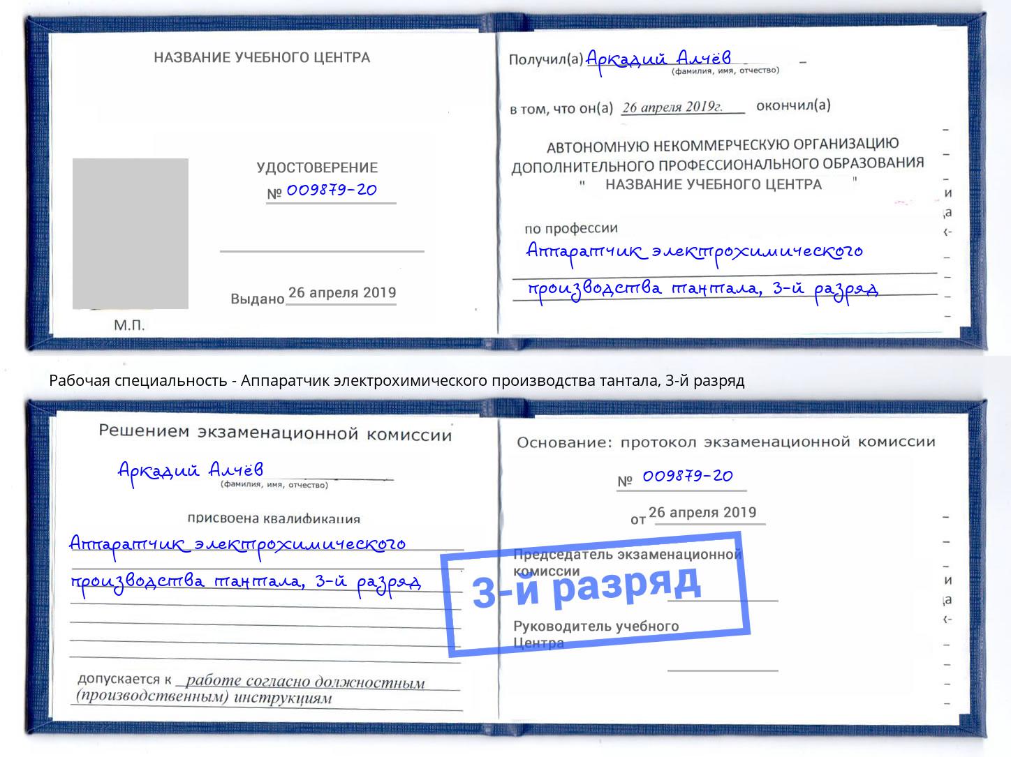 корочка 3-й разряд Аппаратчик электрохимического производства тантала Губкин