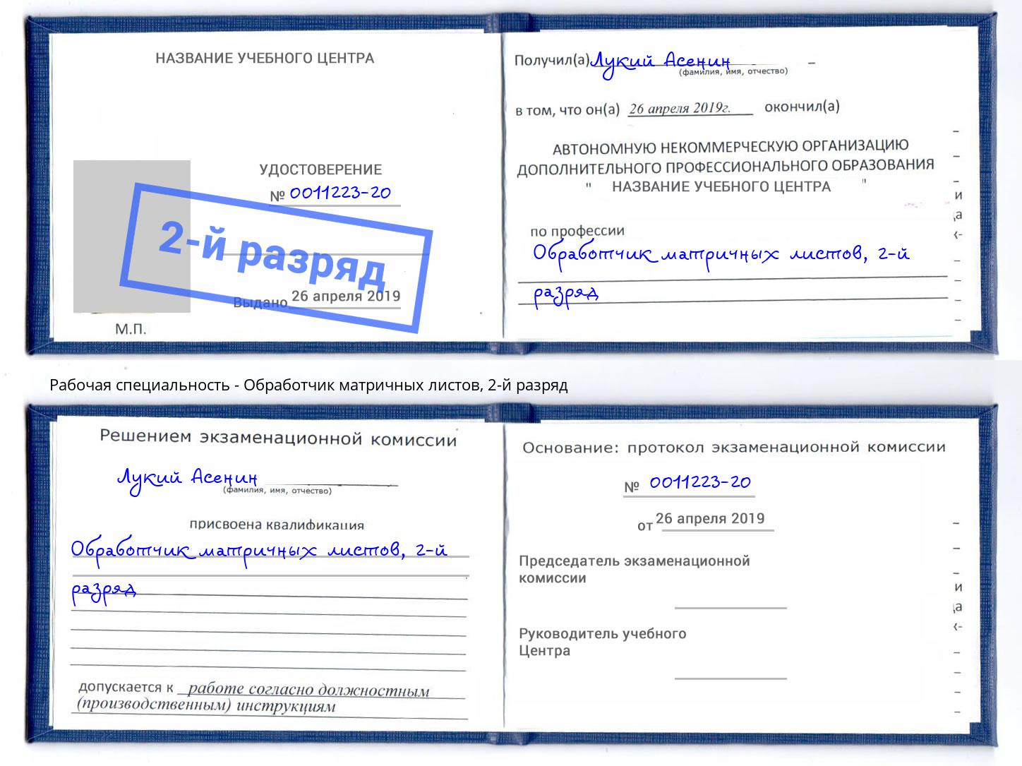 корочка 2-й разряд Обработчик матричных листов Губкин