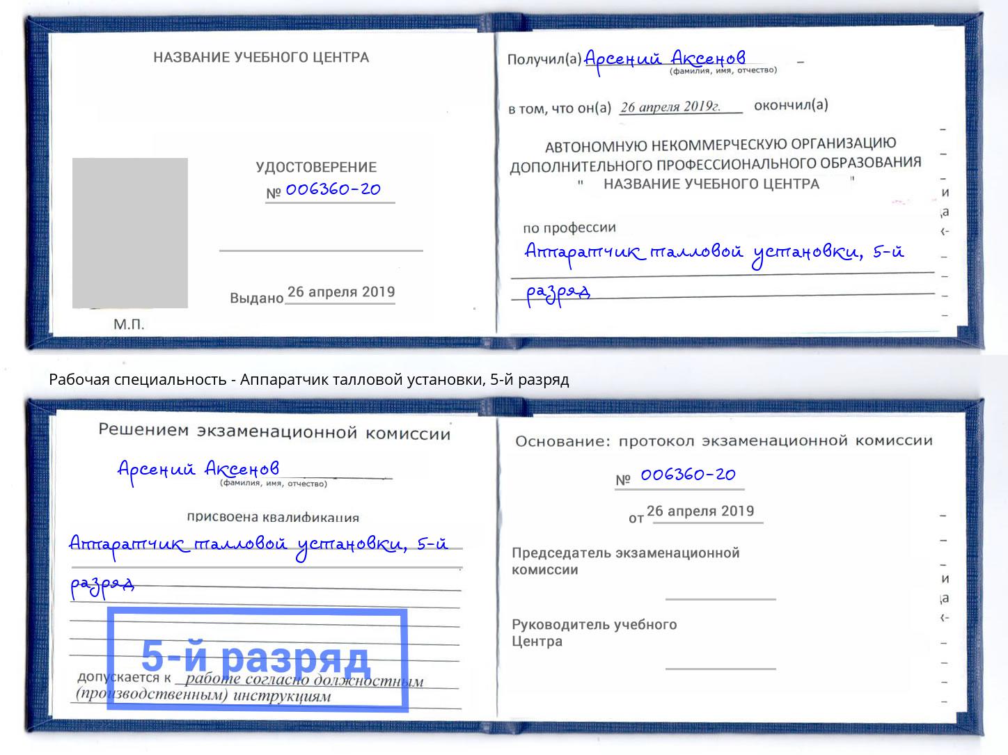 корочка 5-й разряд Аппаратчик талловой установки Губкин