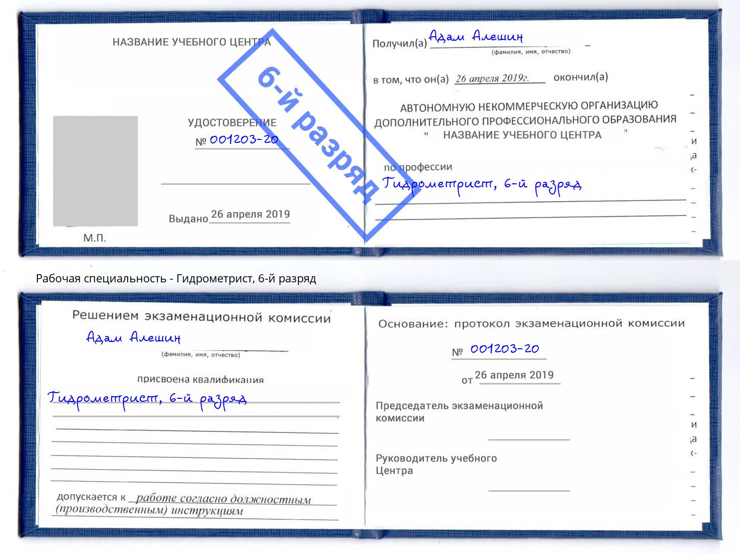 корочка 6-й разряд Гидрометрист Губкин