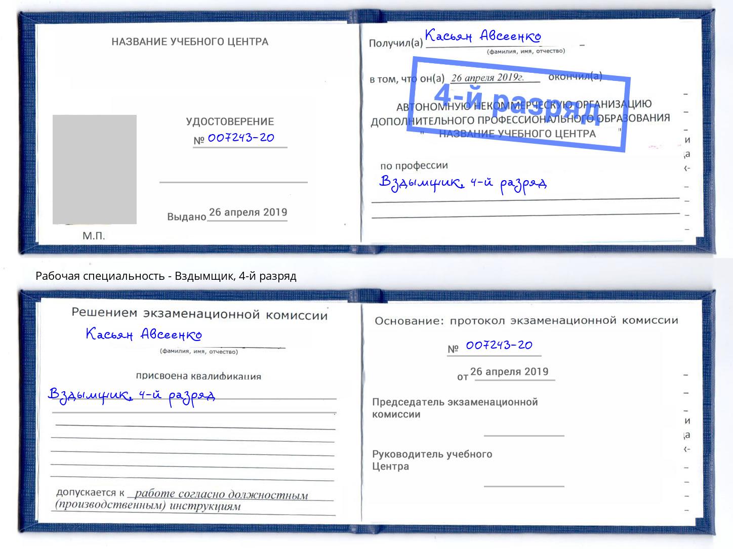корочка 4-й разряд Вздымщик Губкин